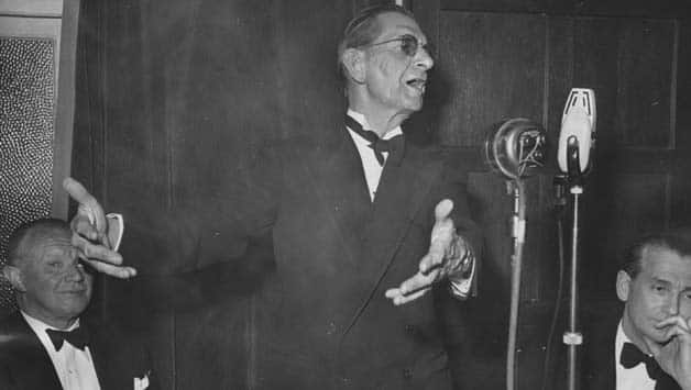 Neville Cardus making a speech at the Cricket Writers Club dinner for England’s team for the tour of the West Indies at the Press Club, London, in May 1950 © Getty Images