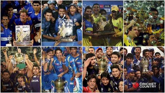 Winners of IPL left to right (Rajasthan Royals, Deccan Chargers, Chennai Super Kings, Chennai Super Kings, Kolkata Knight Riders, Mumbai Indians, Kolkata Knight Riders, Mumbai Indians)