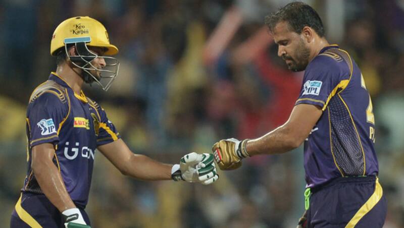 Shakib Al Hasan (left) and Yusuf Pathan put up a record fifth wicket stand of 134 for KKR &copy; AFP