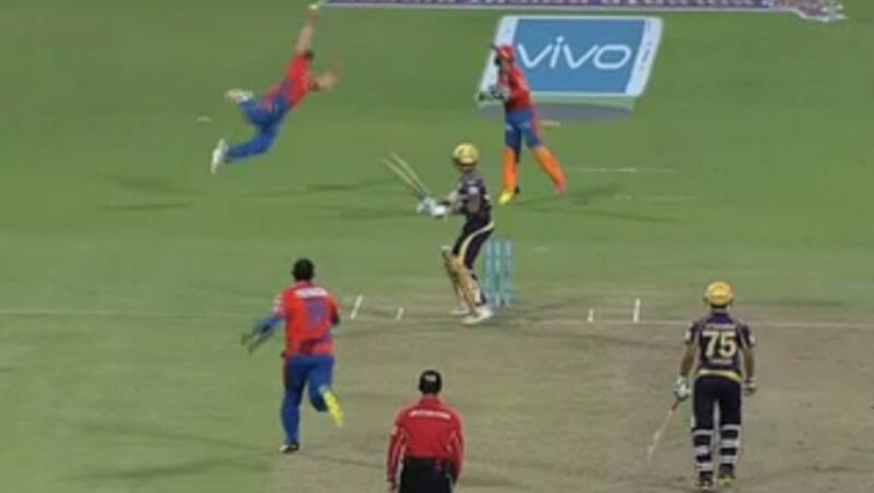 Suresh Raina dived and stretched to grab the wicket of Suryakumar Yadav during Match 38 of IPL 2016 Photo Courtesy: Twitter Handle of iplT20