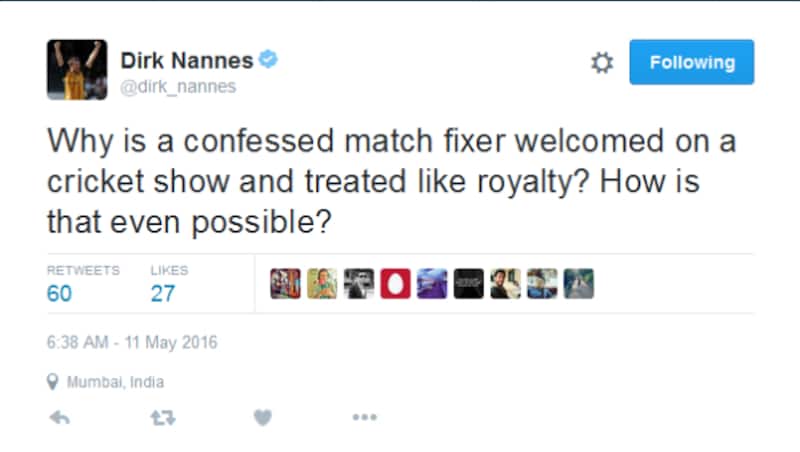 Dirk Nannes&acirc; tweet appeared on his timeline, the pre-match show on Sony for the 41st match of the ongoing IPL 2016 &Acirc;&copy; Dirk Nannes Twitter handle