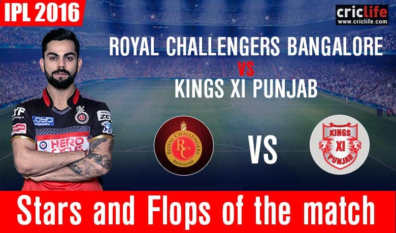 IPL 2016: Royal Challengers Bangalore beat Kings XI Punjab by 82 runs at Bengaluru (D/L method), Stars and Flops