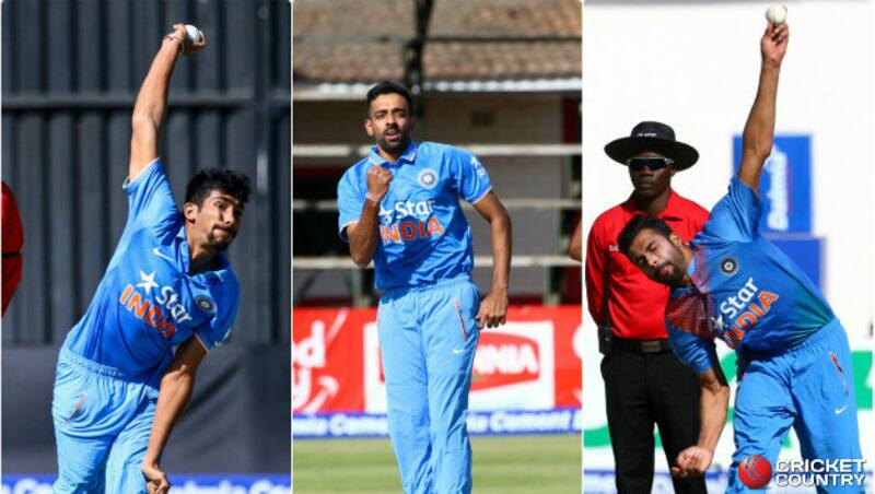 Jasprit Bumrah, Dhawal Kulkarni and Barinder Sran in action during India tour of Zimbabwe 2016 &Acirc;&copy; AFP