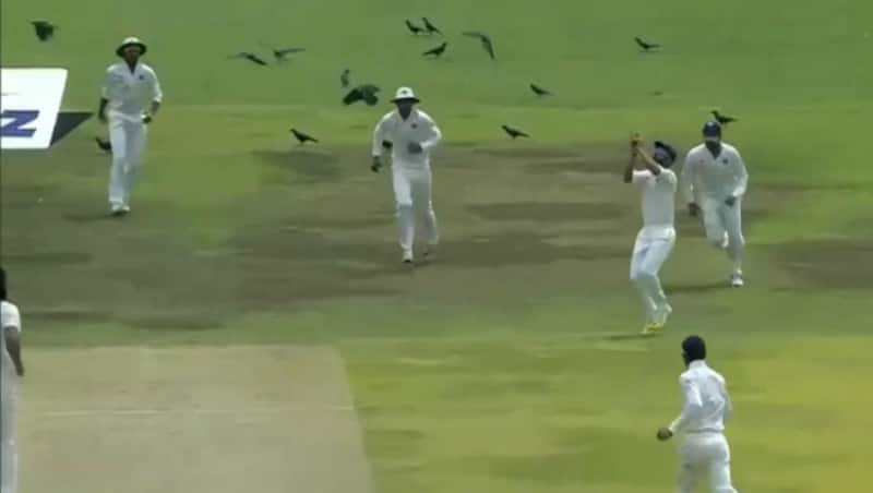 Ajinkya Rahane taking the catch of Dimuth Karunaratne. Picture Courtesy: Sony Six