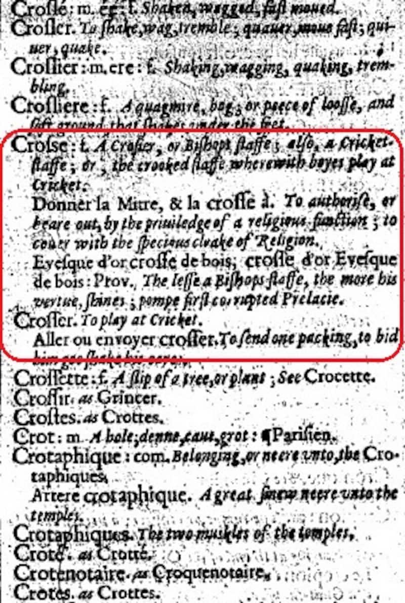 An excerpt from Randle Cotgrave&acirc;s book with definitions of crosse and crosser