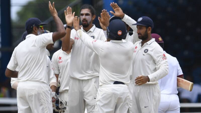 Ishant Sharm celebrates the wicket of Leon Johnson on Day 1 of final Test at Port of Spain