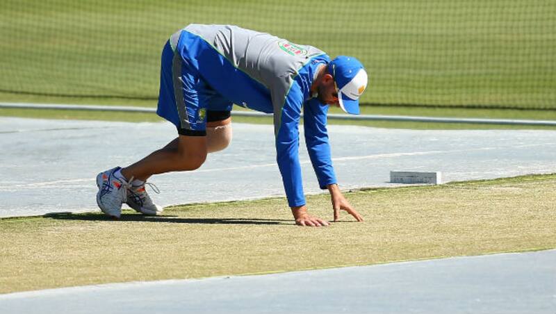 Nathan Lyon inspecting the pitch of Perth &Acirc;&copy; Getty Images