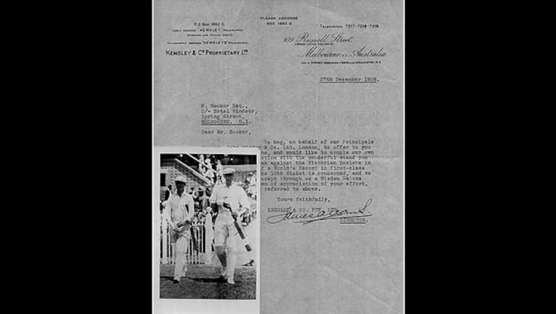 Letter on Kemsley & Co. letterhead dated December 27, 1928 on behalf of &acirc;Our Principals, John Wisden & Co' regarding the establishment of this world record Inset: Original postcard showing Kippax with Hooker going out to bat to secure a world record tenth-wicket partnership of 307 Photo credit: Charles Leski Auctions Pty Ltd, Sporting and General Memorabilia