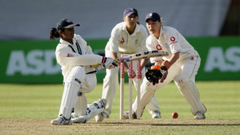 Mithali Raj sweeps on her way to 65 during that historic win at Taunton &Acirc;&copy; Getty Images
