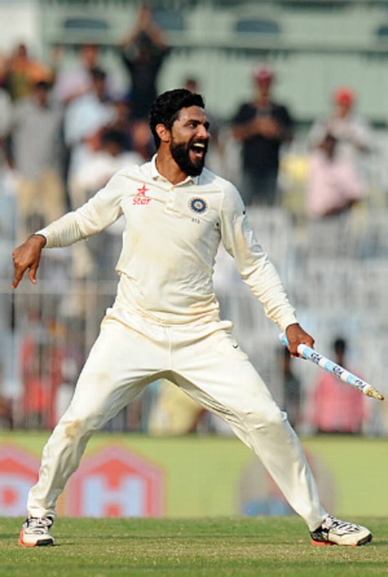 Jadeja celebrates after taking the final English wicket. (Courtesy: AFP)