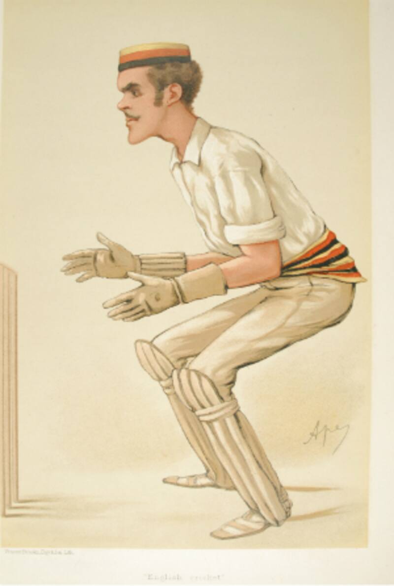 Caricature of Lyttelton keeping wicket in I Zingari colours, by "Ape" (Carlo Pellegrini) in Vanity Fair, 1884. Photo courtesy: Wikimedia Commons