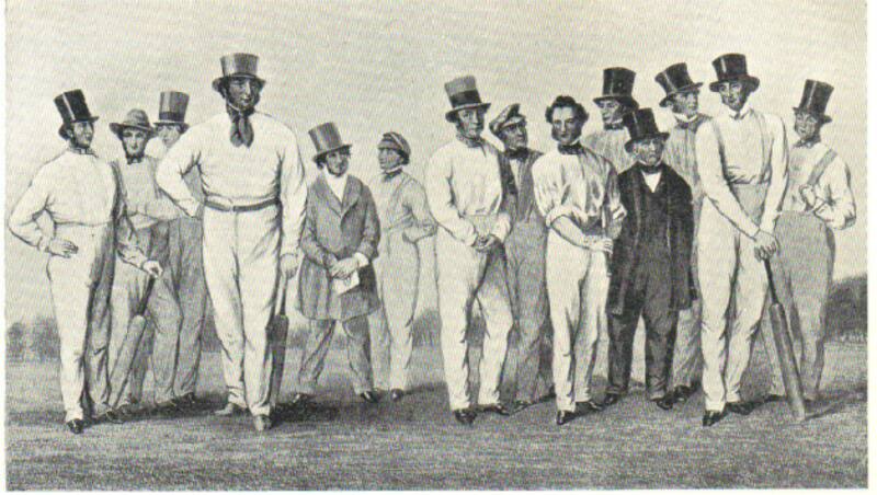 The All-England Eleven in 1847. From left: Joe Guy, George Parr, Will Martingell, Alfred Mynn, William Denison, Jemmy Dean, William Clarke, Nicholas Felix, Oliver Pell, William Hillyer, William Lillywhite, w:William Dorrinton, Fuller Pilch, Tom Sewell. Photo courtesy: Wikimedia Commons