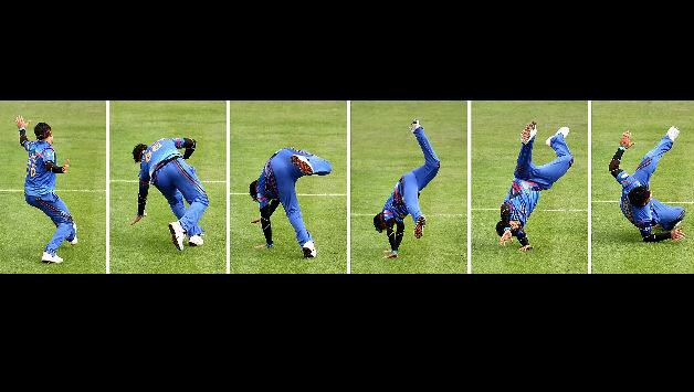 Composite of Hamid Hassan's cartwheel celebration after taking the wicket Kumar Sangakkara © Getty Images
