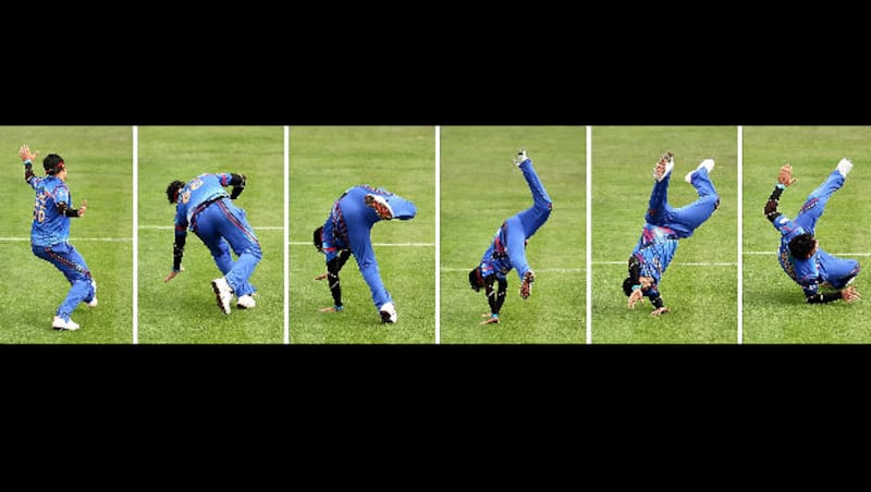 Composite of Hamid Hassan's cartwheel celebration after taking the wicket Kumar Sangakkara &Acirc;&copy; Getty Images