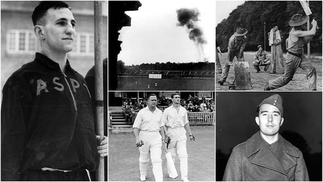 Clockwise, from left: Len Hutton on parade at Army School of Physical Training; a doodlebug lands close to Lord's during a cricket match; Australian troops playing cricket; Denis Compton, a gunner in the army; Cec Pepper and Keith Miller walking out to bat in the Victory Test at Lord's, 1945 © Getty Images