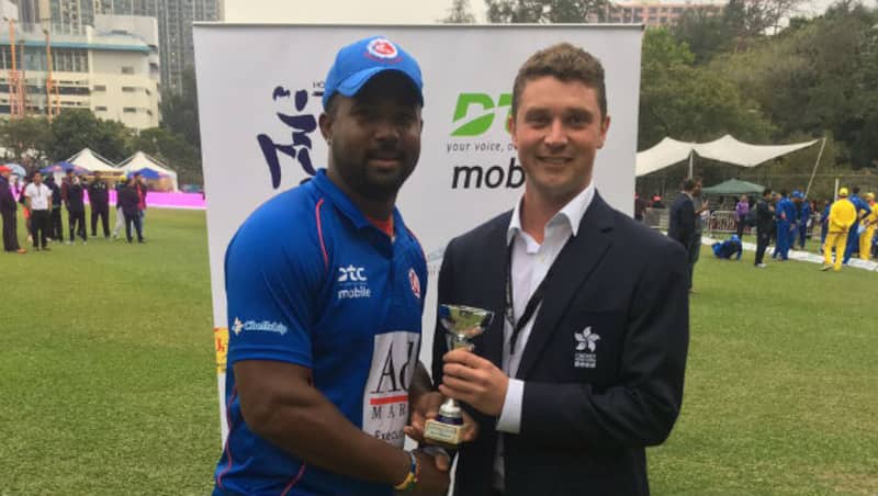Dwayne Smith receives Man of the Match award for his 31-ball century &copy; Hong Kong Cricket (Twitter)