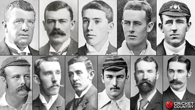 Top row: Monty Noble (c), Joe Darling, Clem Hill, Victor Trumper, Vernon Ransford Bottom row: Billy Murdoch, Hugh Trumble, Charlie Turner, JJ Ferris, Jack Blackham (wk), Fred Spofforth