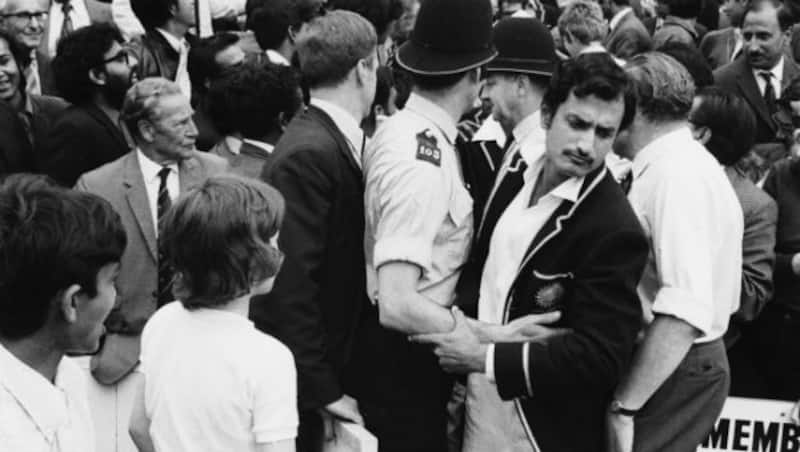 Ajit Wadekar makes his way on to the pitch for the presentations after India won the third Test to win the Test series 1-0 at The Oval, 1971 &Acirc;&copy; Getty Images