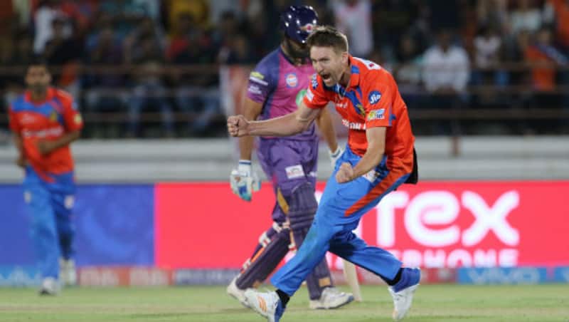 Andrew Tye celebrates a hat-trick &copy; BCCI