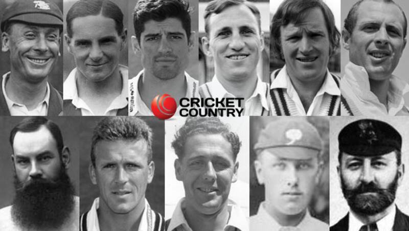 At the top: From left to right (Jack Hobbs, Herbert Sutcliffe, Alastair Cook, Len Hutton, Dennis Amiss, Geoff Boycott)  At the bottom: From left to right (WG Grace, Alec Stewart, Trevor Bailey, Wilfred Rhodes, Dick Barlow) &Acirc;&copy; Getty Images and designed by Shreyas Dulam