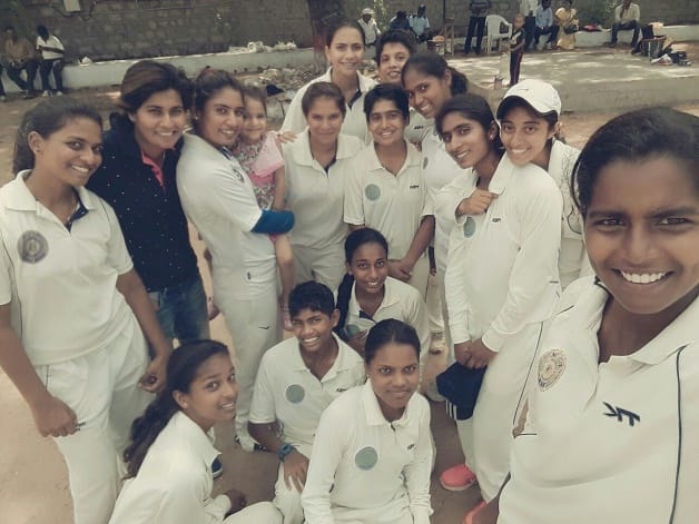 A photograph taken at Keyes High School. Nooshin Al Khadeer is second from left. To her right is Mithali Raj (with her niece). Photo courtesy: Ananya Upendran