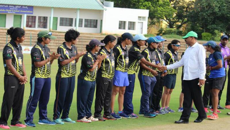 Vanitha VR congratulates Western Railways (WR) team on reaching the final Photo Courtesy: Women's Pro Cricket League Facebook Page
