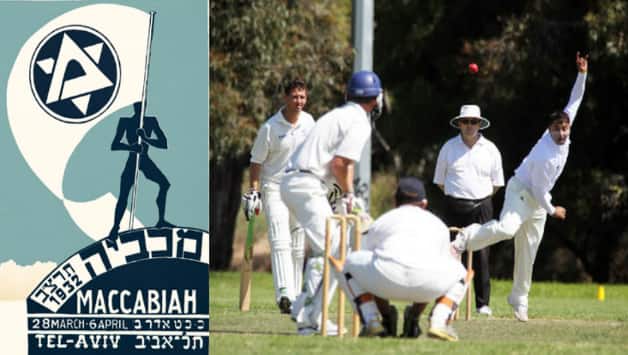 Left: Logo of first Maccabiah Games, 1932 (courtesy: Wikimedia Commons) Right: Bensiyon Morisbhai Songavkar, cricket captain of India in the 2017 edition, is bowling in the image (courtesy: Australia Maccabi Ajax bulletin)