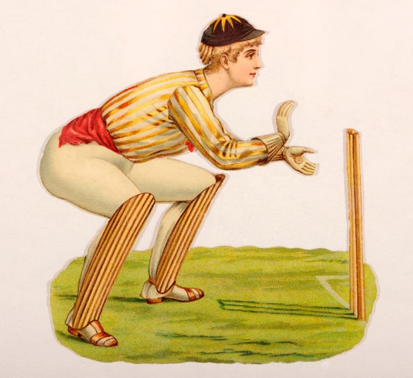 Even in 1890: a vintage chromolithograph of a cricket wicketkeeper poised behind the stumps, in colours. Go back 125 years, and cricket was a colourful game. Before one swears by 'tradition' an awareness of history is necessary © Getty Images
