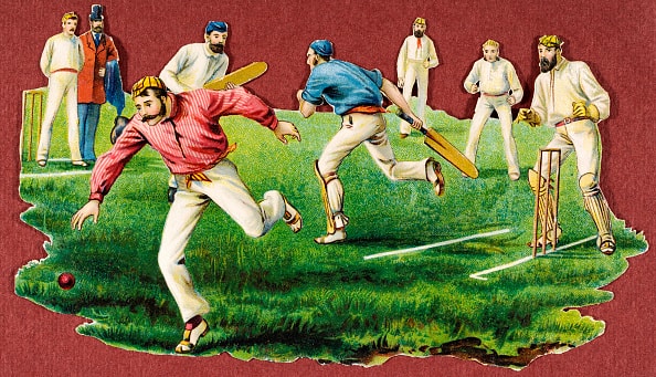 A vintage chromolithograph of a village cricket match, circa 1880. In Victorian Britain the keeping of scrapbooks was a popular pastime and these colourful illustrations were known as ‘scraps’. They were intended to be cut out and pasted into the family album or scrapbook. Cricket was forever a mix of colours and white. The one thing cricket did not stand for as it evolved through the ages was stubborn obstinacy against change © Getty Images
