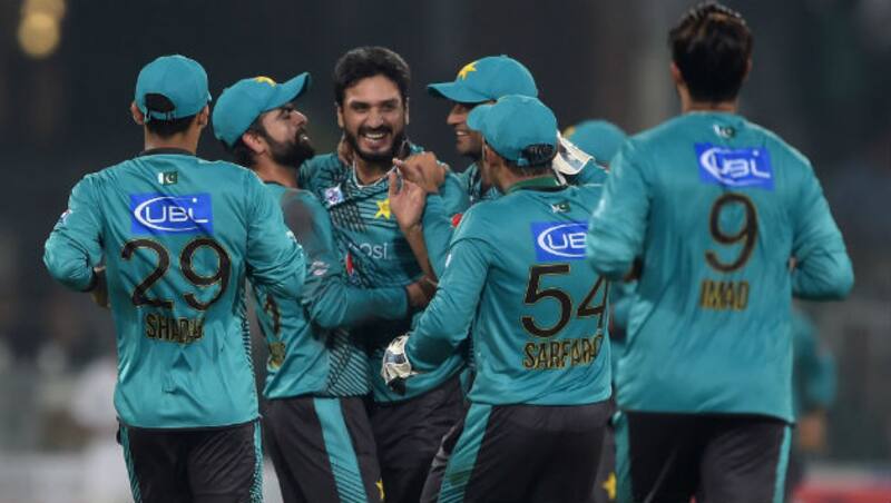 Pakistan celebrate their victory over World Xi at Lahore © AFP