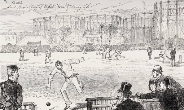 The first Test on English soil, as published in The Illustrated News. Lord Harris is seen chasing the ball © Getty Images