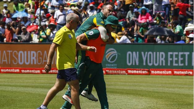 Sadly, du Plessis picked up an injury while batting on Sunday. He pulled a muscle and had to retire hurt for 91 and later was ruled out of the upcoming T20Is © Getty Images
