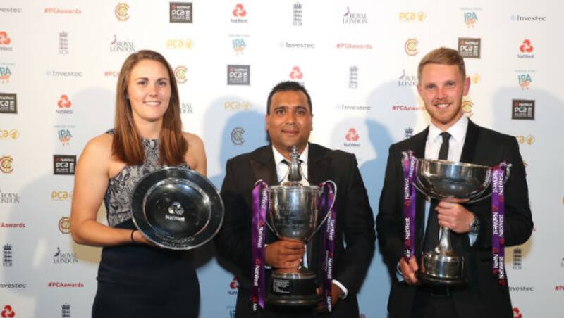 Natalie Sciver (l), Samit Patel (c) and Jamie Porter (r) at the PCA Awards