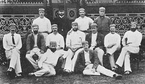 The Australian team in England, 1884. Photo courtesy: Wikimedia Commons Back, from left: Percy McDonnell, George Alexander (manager), George Giffen, George Palmer. Middle, from left: Fred Spofforth, Jack Blackham, Billy Murdoch, George Bonnor, Billy Midwinter, Alec Bannerman, Harry Boyle. Front, from left: William Cooper, Tup Scott © Wikimedia Commons
