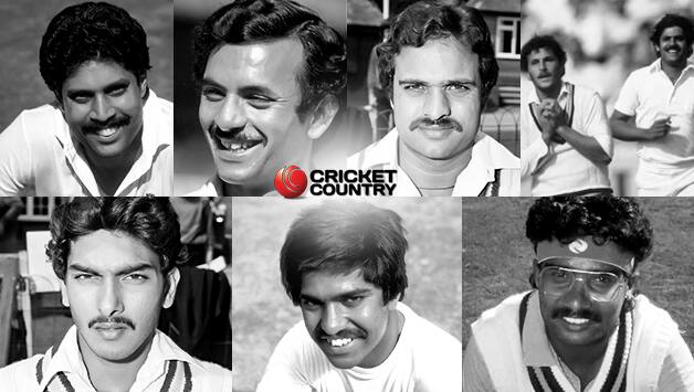 From left: Kapil Dev, Madan Lal, Yashpal Sharma, Roger Binny, Kirti Azad, Ravi Shastri, Ashok Malhotra, and Narendra Hirwani © Getty Images
