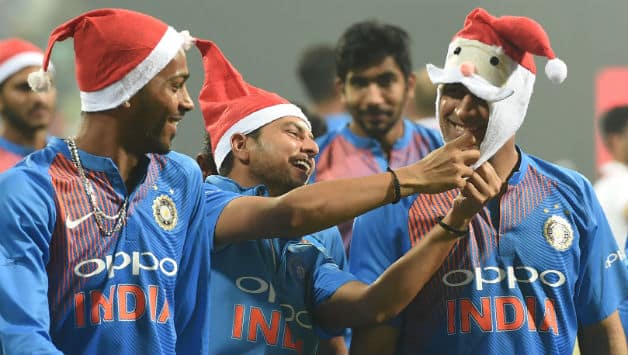 The Santa caps made their way in place of the usual blue ones. The most unique one was reserved for the senior-most Dhoni. India definitely made their Christmas merrier (Image courtesy: AFP)