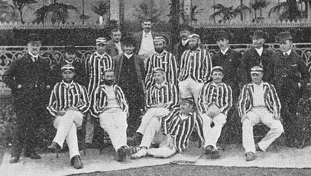 The Australian team of 1886 in England (courtesy: Wikimedia Commons) Back, from left: George Giffen, Fred Spofforth, Benjamin Wardill (manager) Middle, from left: Frank Farrands (umpire), Bates (scorer), William Bruce, John McIlwraith, Tom Garrett, Edwin Evans, John Trumble, Salter (scorer), Bob Thoms (umpire) Front, from left: George Bonnor, Jack Blackham, Henry Scott, Affie Jarvis, Sammy Jones, George Palmer © Wikimedia Commons