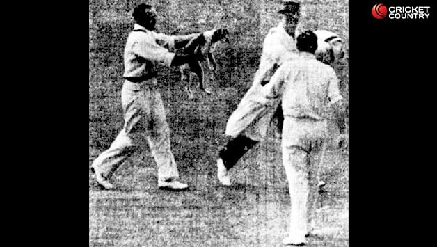 Sid Barnes chasing Alec Skelding with the dog. Courtesy: Western Mail (Perth)