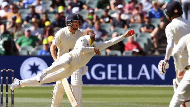Jumping to his left, midway through his follow-through, Lyon flew to his right to take what may be the catch of the series © Getty Images