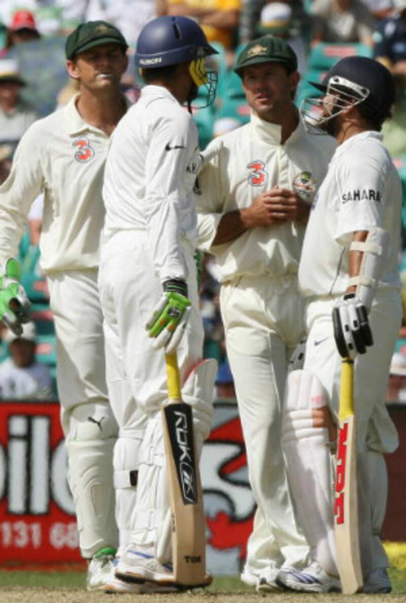 Ricky Ponting (third from left) has a word with Harbhajan Singh and Sachin Tendulkar after the incident &Acirc;&copy; AFP