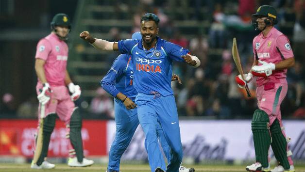 Hardik Pandya is jubilant after removing AB de Villiers © AFP