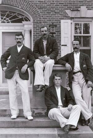 There is no doubt who had the most imposing moustache. From left: Joe Darling, George Giffen, and Ernie Jones; Clem Hill is sitting on the staircase © Getty Images
