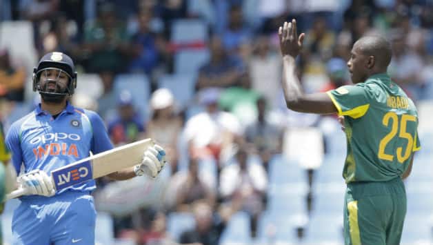 Kagiso Rabada celebrates Rohit Sharma's wicket as India started their chase of 119 © Getty Images