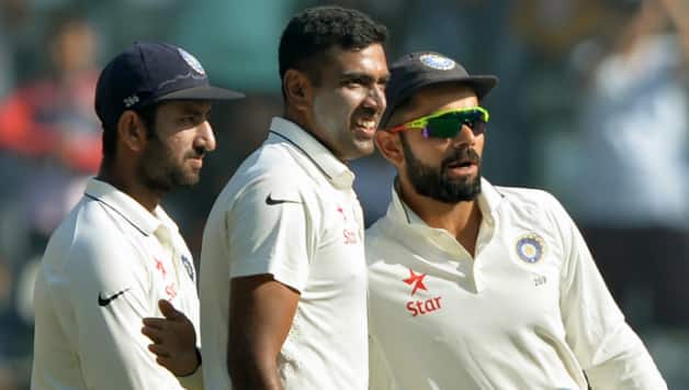 Cheteshwar Pujara, Virat Kohli and Ravichandran Ashwin © AFP