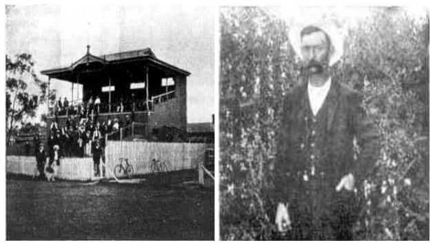 Left: pavilion and Mound on Unley Oval, where Henry Hay took his hat-trick. Right: J Bushell, groundsman of Unley Oval. Courtesy: Adelaide Observer