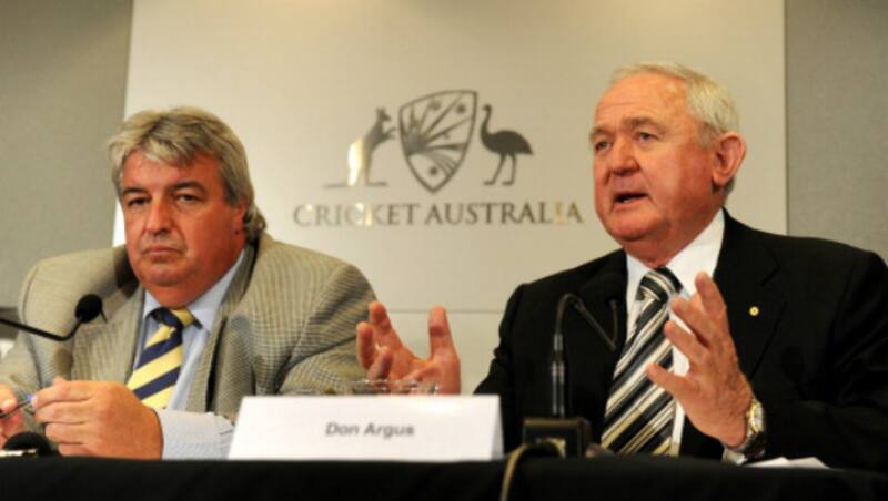Don Argus (right), who led a seven-month review into the state of Australian cricket, speaks at a press conference with Cricket Australia chairman Jack Clarke (left) in Melbourne on August 2011 &Acirc;&copy; AFP