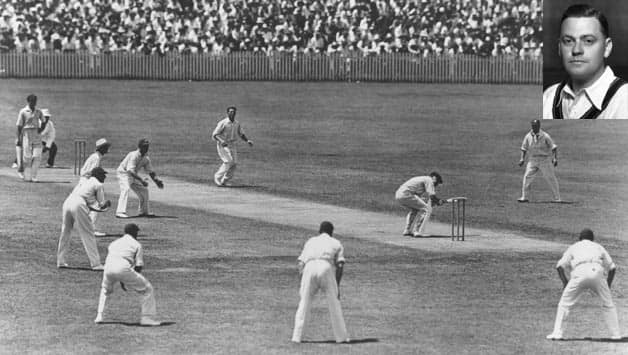 Bill Woodfull (inset) ducks under to avoid a rising ball from Harold Larwood in the Ashes Test at Brisbane in the infamous Bodyline series in 1933 © Getty Images