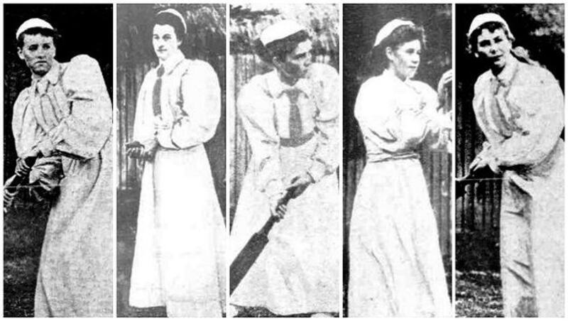 A few Forget-me-nots cricketers (courtesy: The Australasian). From left: Nellie Falahey, Mary Kinnear, FV Billson (captain), Mary OâBrien, Ruby Gazzard (Hon. Secretary and Treasurer)