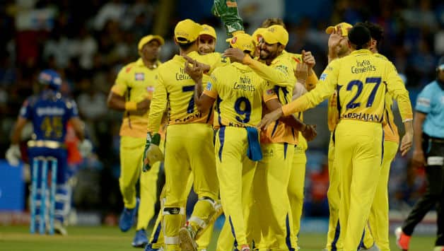 Chennai celebrates the fall for Mumbai captain Rohit Sharma. They were 20 for 2 after being put in © AFP
