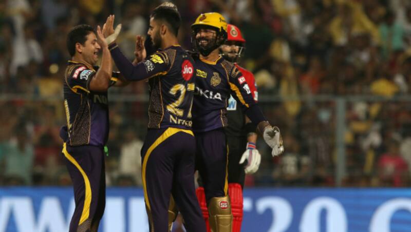 Nitish Rana celebrates after scalping wicket of AB de Villiers &copy; BCCI